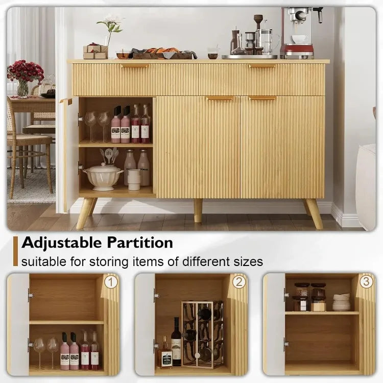 Large Coffee Bar Fluted Sideboard Buffet Cabinet Storage 2 Drawers Large Sideboard Cabinet Storages Geometric Pattern Furniture