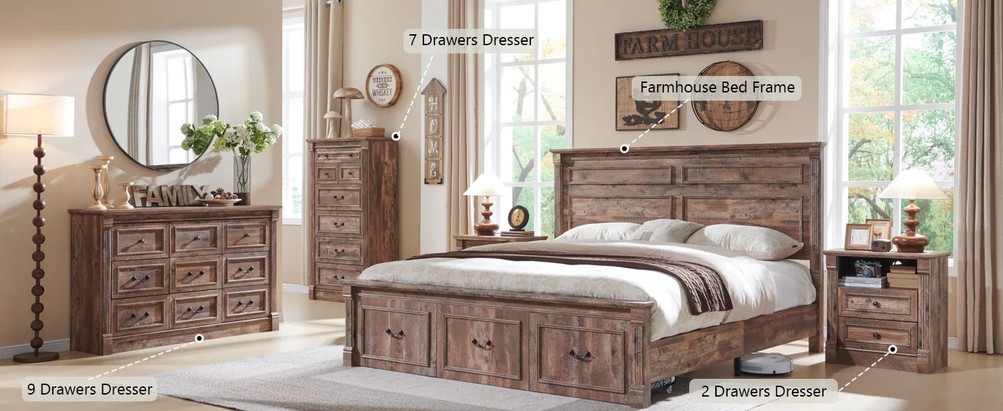 Farmhouse King Size Wood Bed Frame – 51″ Tall Headboard with Roman Column Footboard