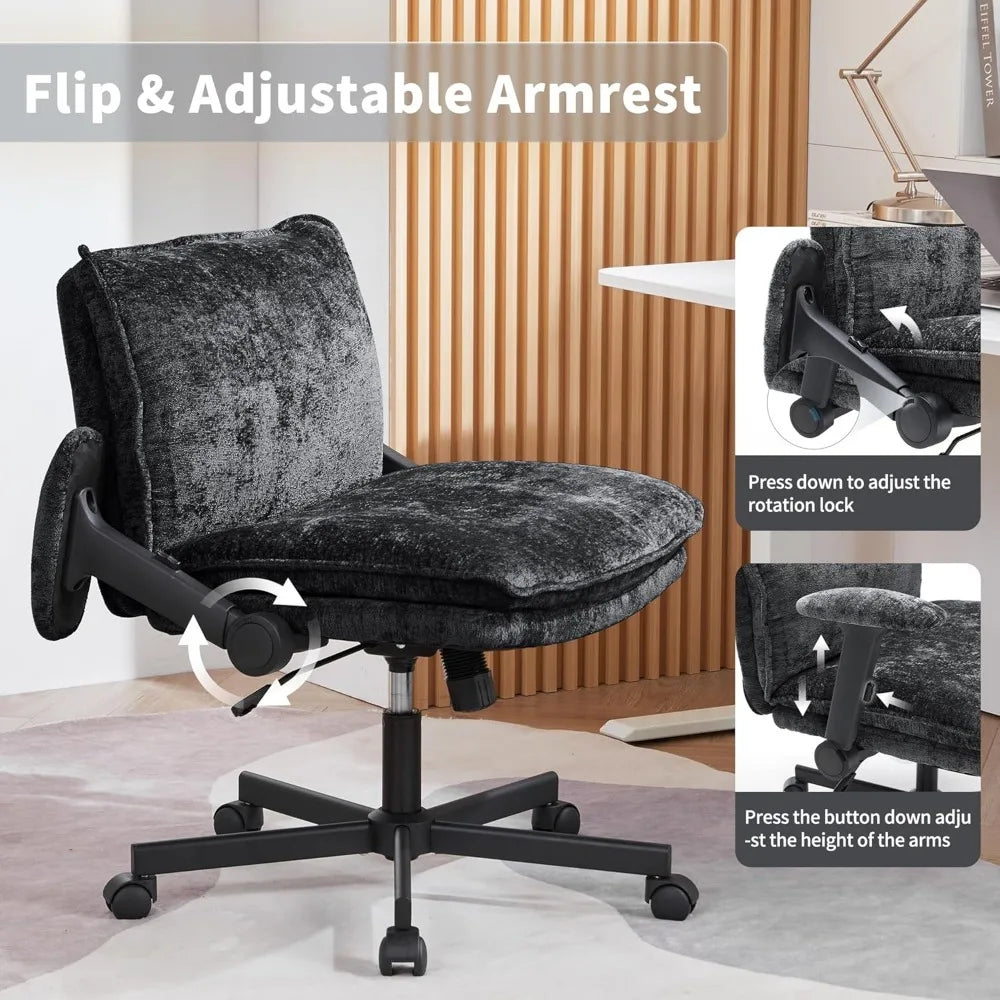Cross Legged Office Chair with Wheels and Adjustable Flip-Arms, Criss Cross Chair with Thick Cushion, Wide Seat Office Chair