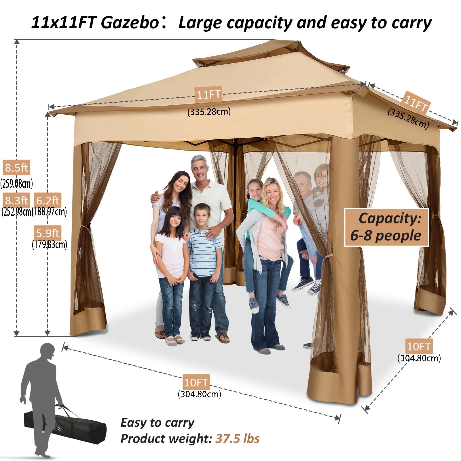11x11 Pop Up Gazebo One-Push Canopy Tent with Mosquito Nettings, 10x10 Outdoor Canopy Shelter with Double Roof Ventiation