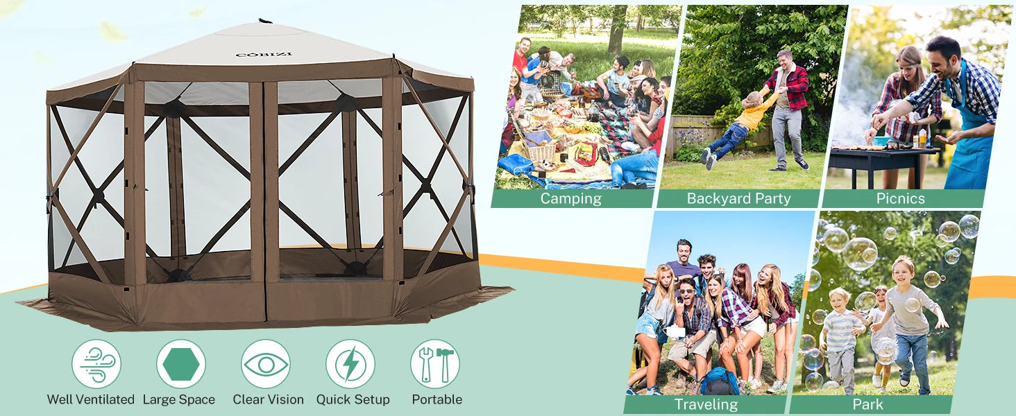 12x12ft Pop up Gazebo Screen House Tent with Mosquito Netting, 6 Sided Pop-up Canopy Shelter Tent Easy-Set Portable Gazebo