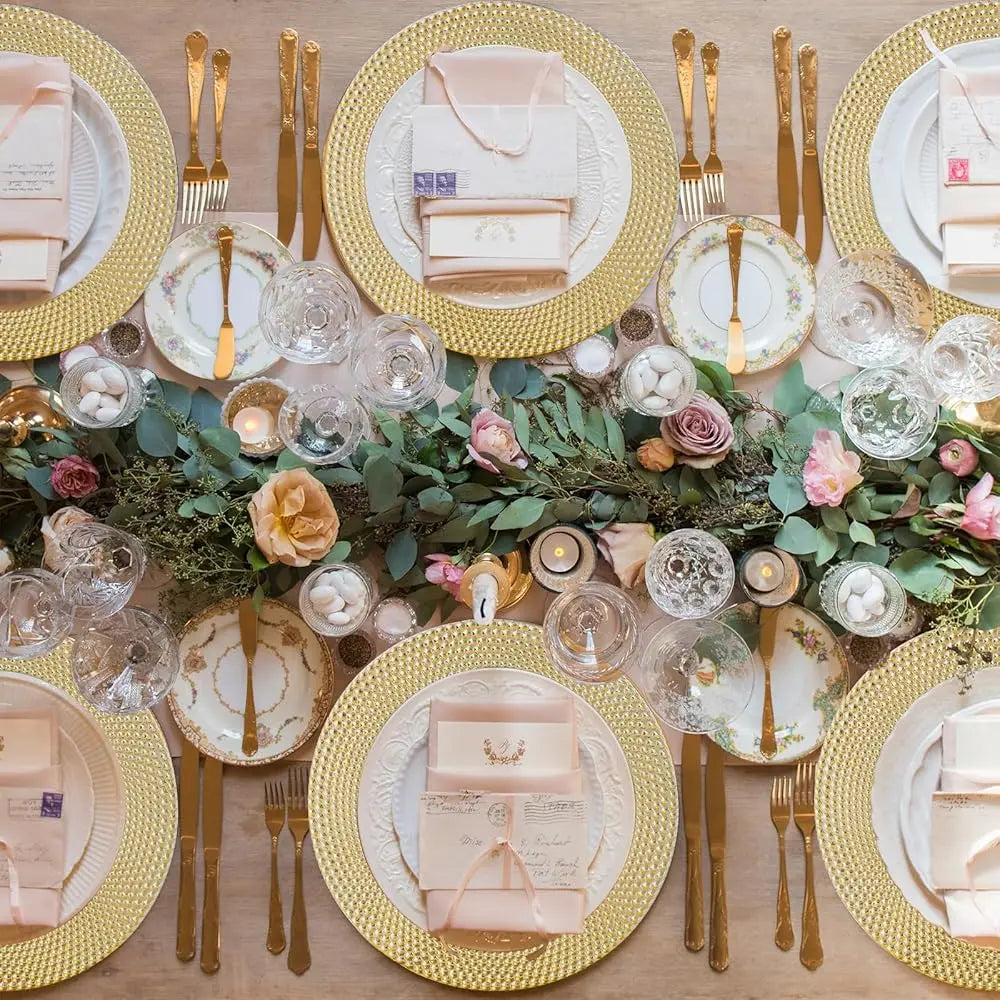 13″ Gold Charger Plates – Set of 6 Electroplated Round Chargers with Hammered Edge