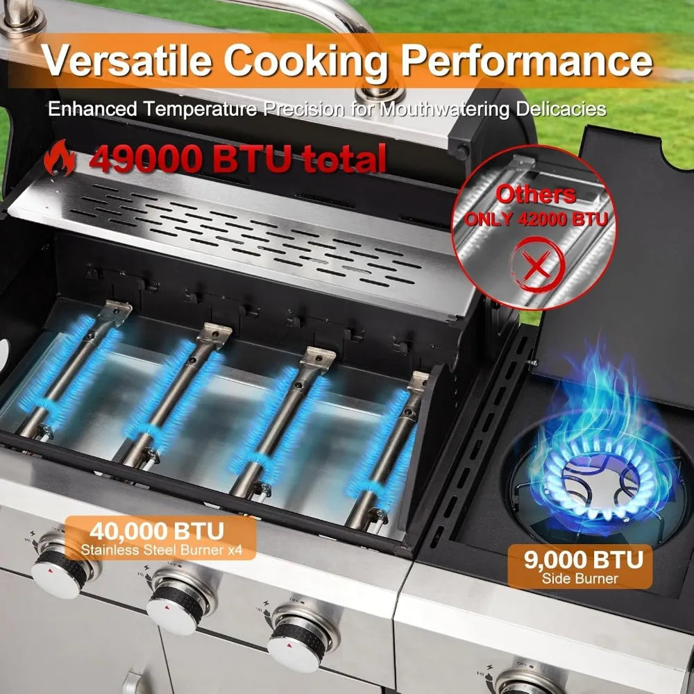 Stainless Steel 4-Burner Propane Gas Grill with Side Burner and Cabinet, 49,000 BTU Output, Porcelain-Enameled Cast Iron Grates