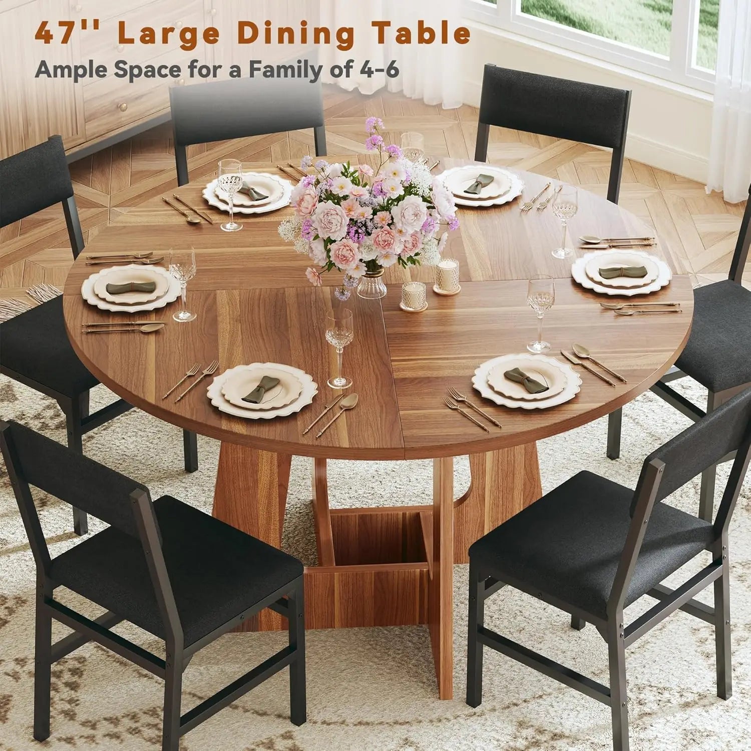 7-Piece Round Dining Table Set for 6, 47'' Wood Base Table with 6 Chairs, Brown, Space-Saving Kitchen & Living Room Furniture