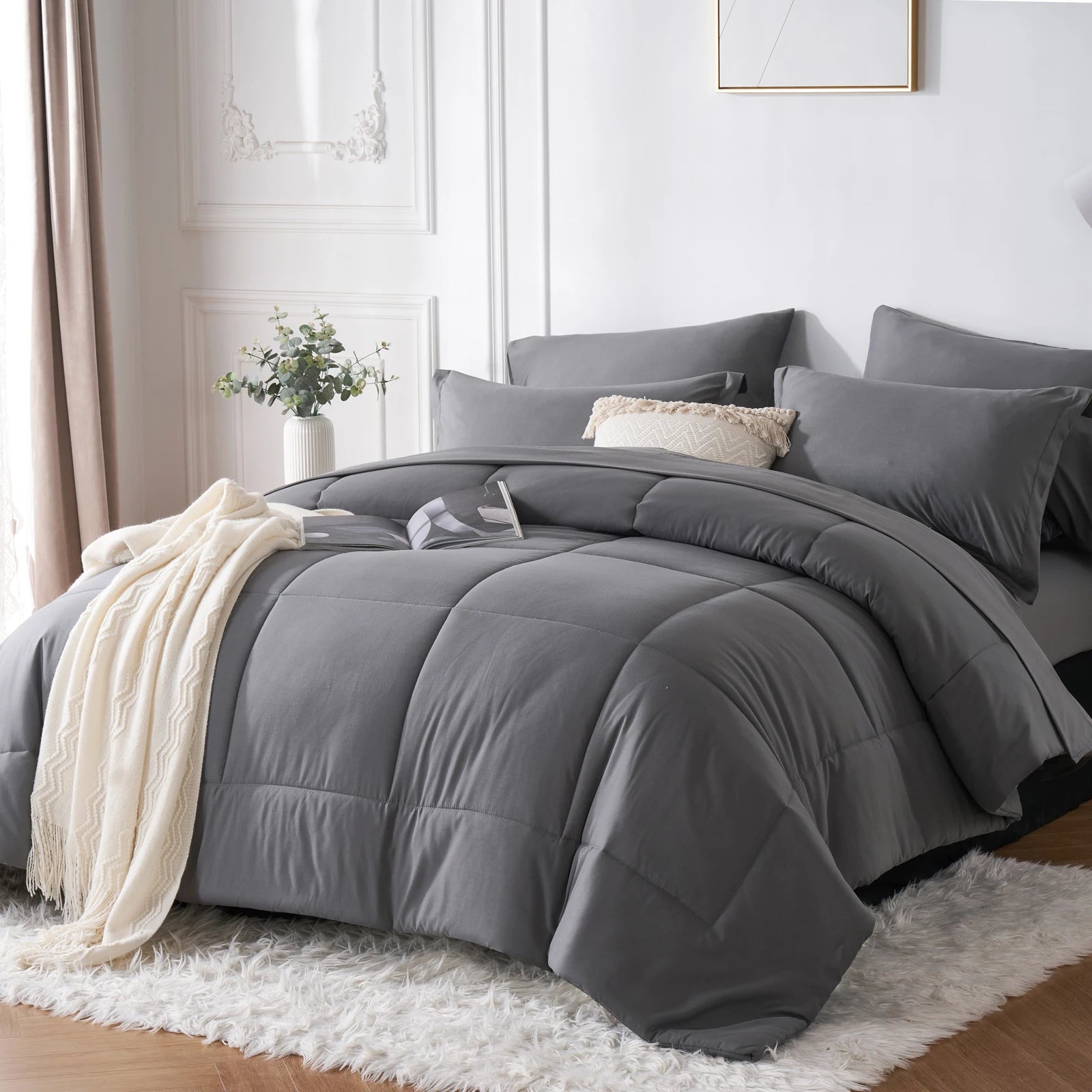 7 Piece Bed In A Bag Comforter Set Queen, Stylish solid geometry   Comforter And Sheet,Pillowcase Set, ideal gift