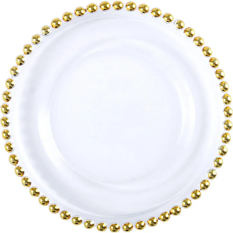 Golden Beaded Round Glass Plate – Transparent Dessert & Fruit Display Tray