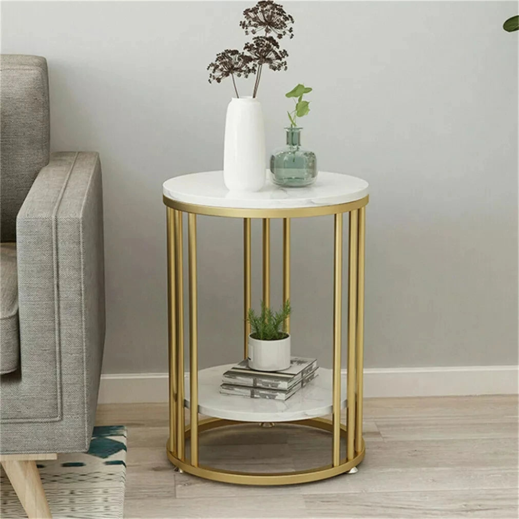 2 Tiers Round Sofa Side Table Sintered Stone Gold Metal Frame End Table Marble Accent Coffee Table Nightstand