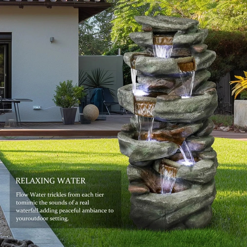 40.5” High Rocks Outdoor Water Fountain, 6-Tiers Cascading Waterfall with LED Lights, Soothing Tranquility