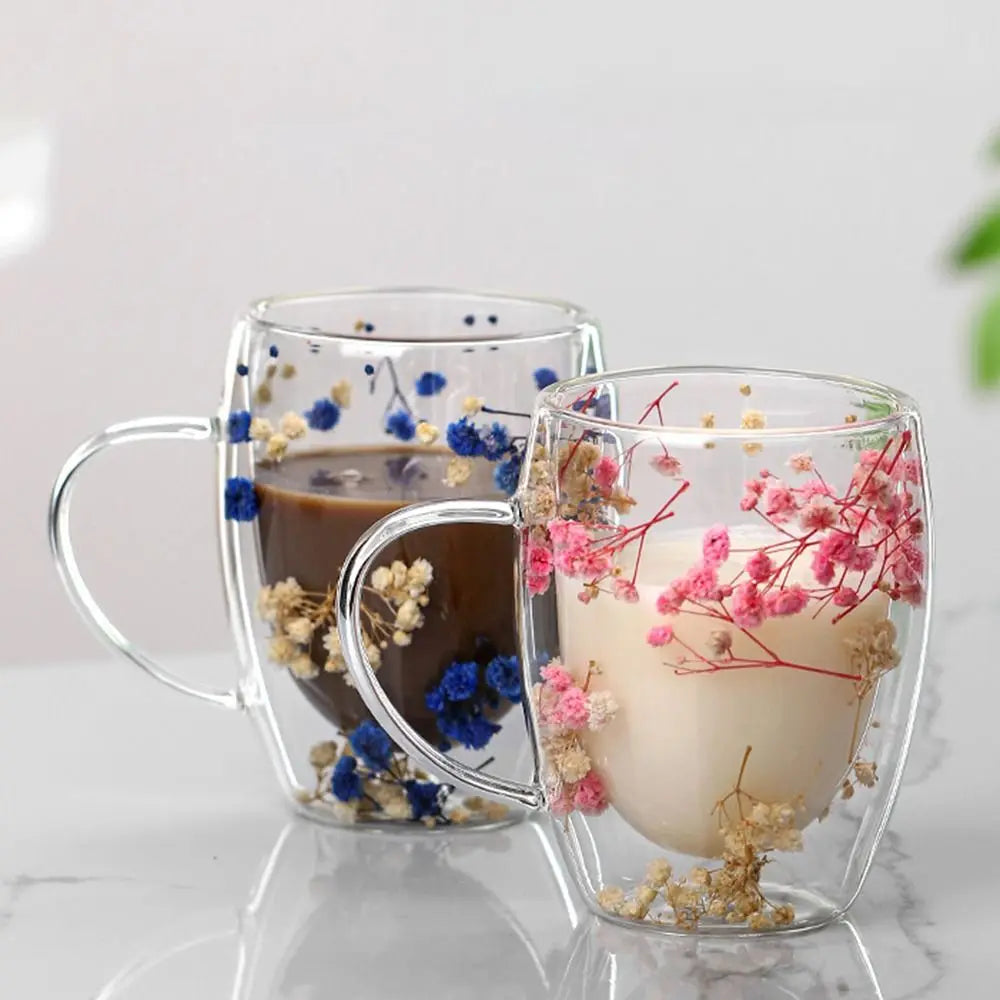 350ml Dried Flowers Glass Mugs with Handle Simple Elegant Double Wall Glass Cup Creative Heat Resistant Coffee Mug Home&Office