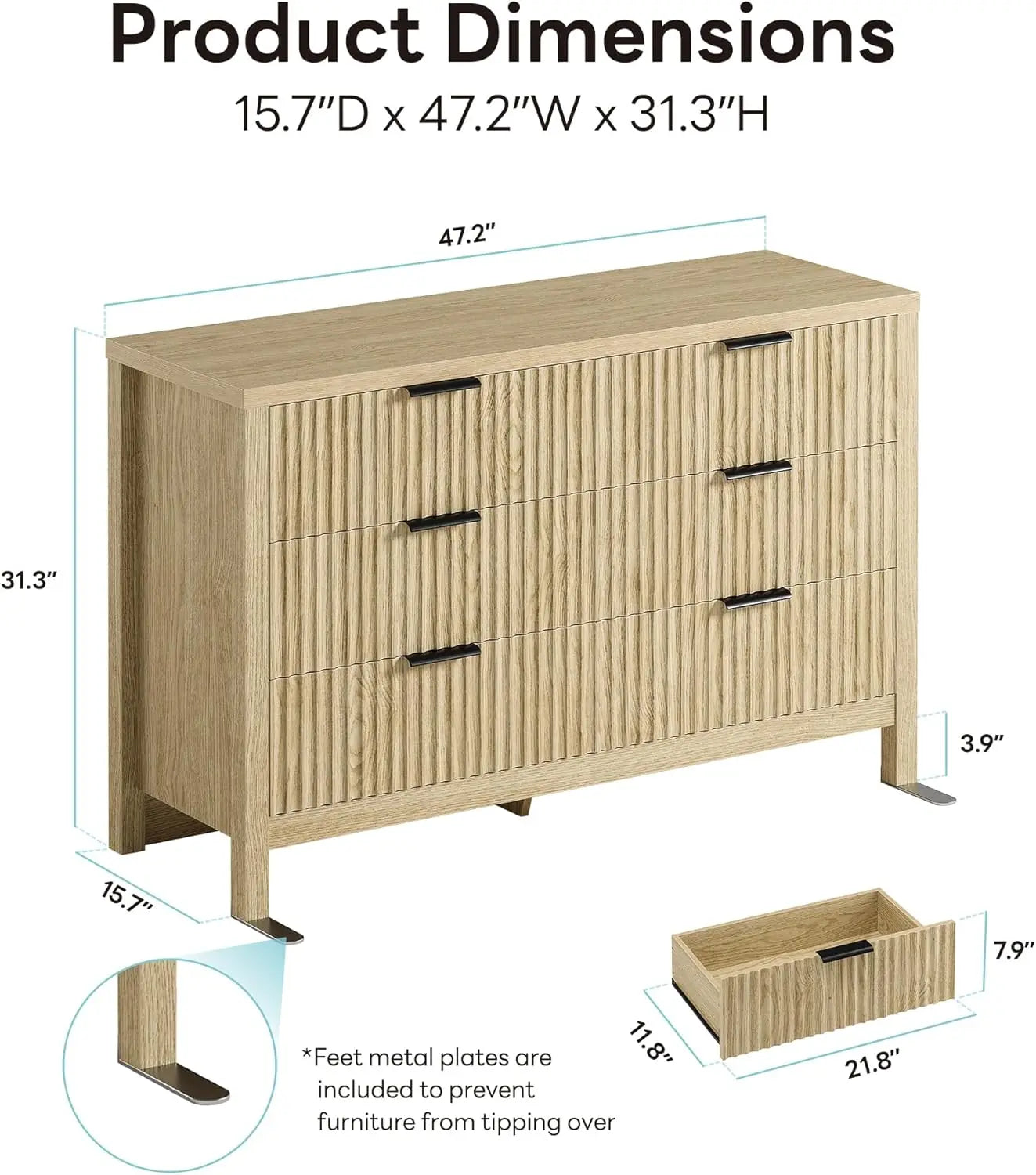 Fluted 6 Drawers Dresser for Bedroom, 47" Wide Modern Chest of Drawers Closet Dressers, Wooden Dresser Storage