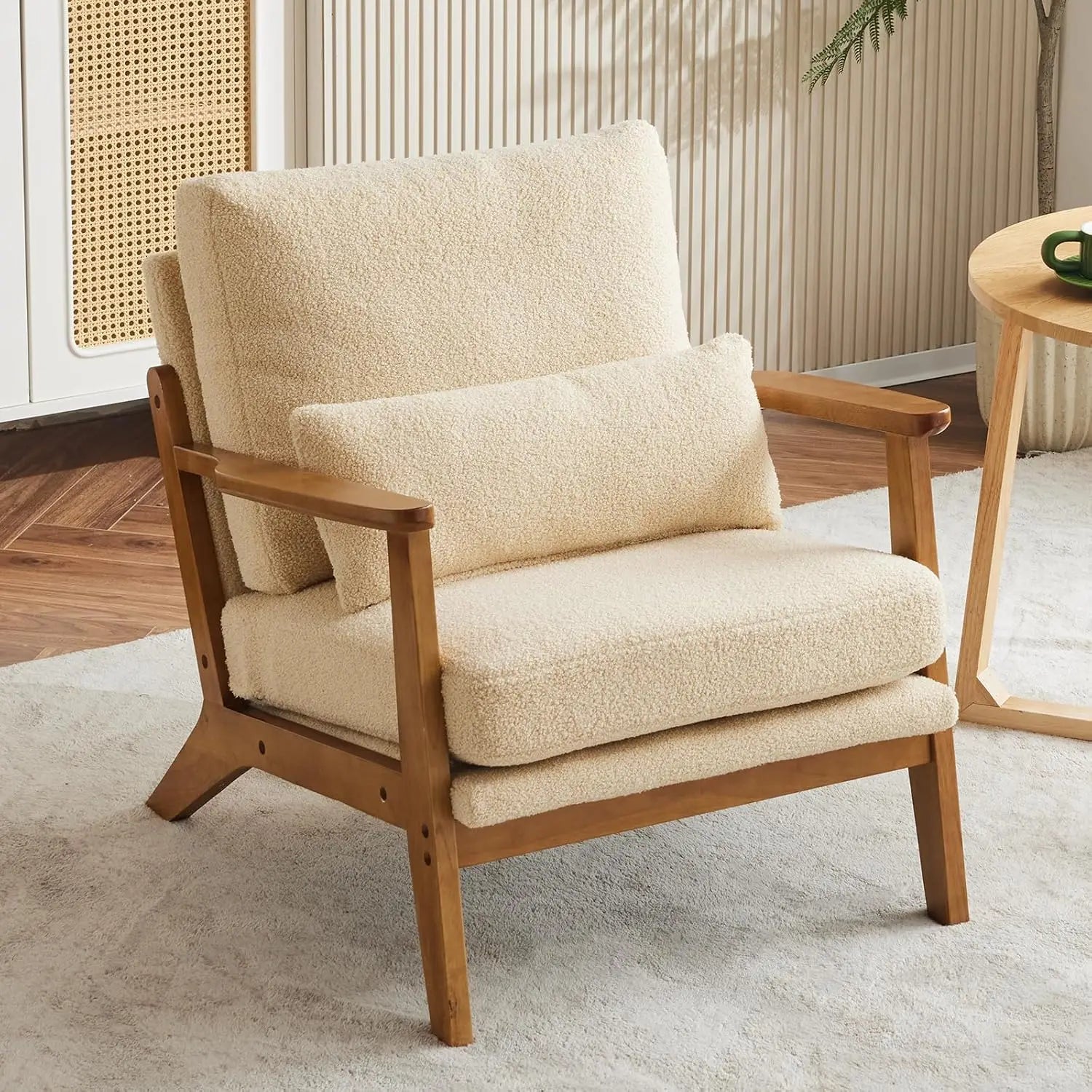 Mid-Century Lounge Accent Chair – Teddy Fleece Armchair with Wide Armrests