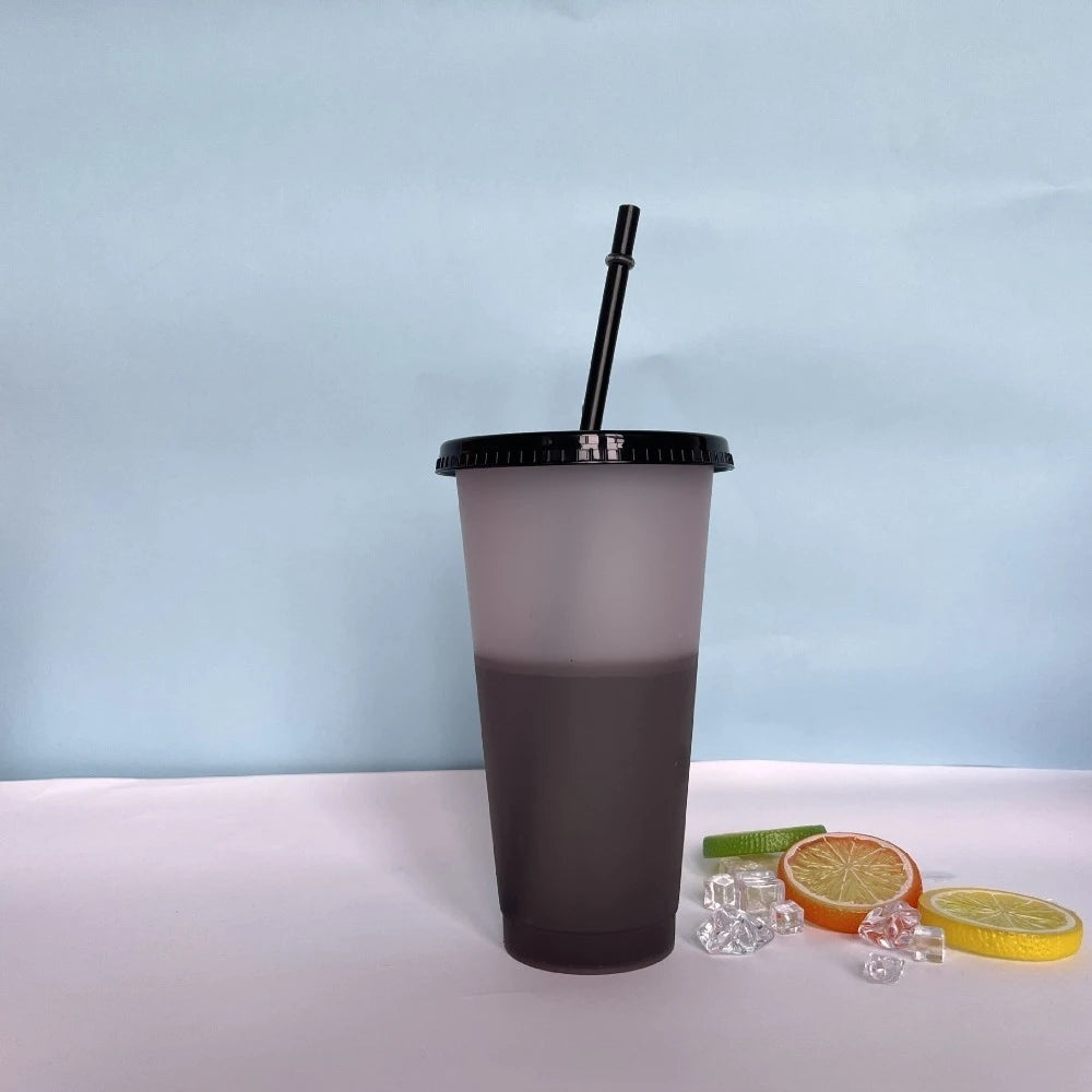 New 24oz 10Pcs Color Changing Cups with Lids and Straws 710ml Plastic Tumblers Cute Iced Coffee Cup Reusable Cups Bulk