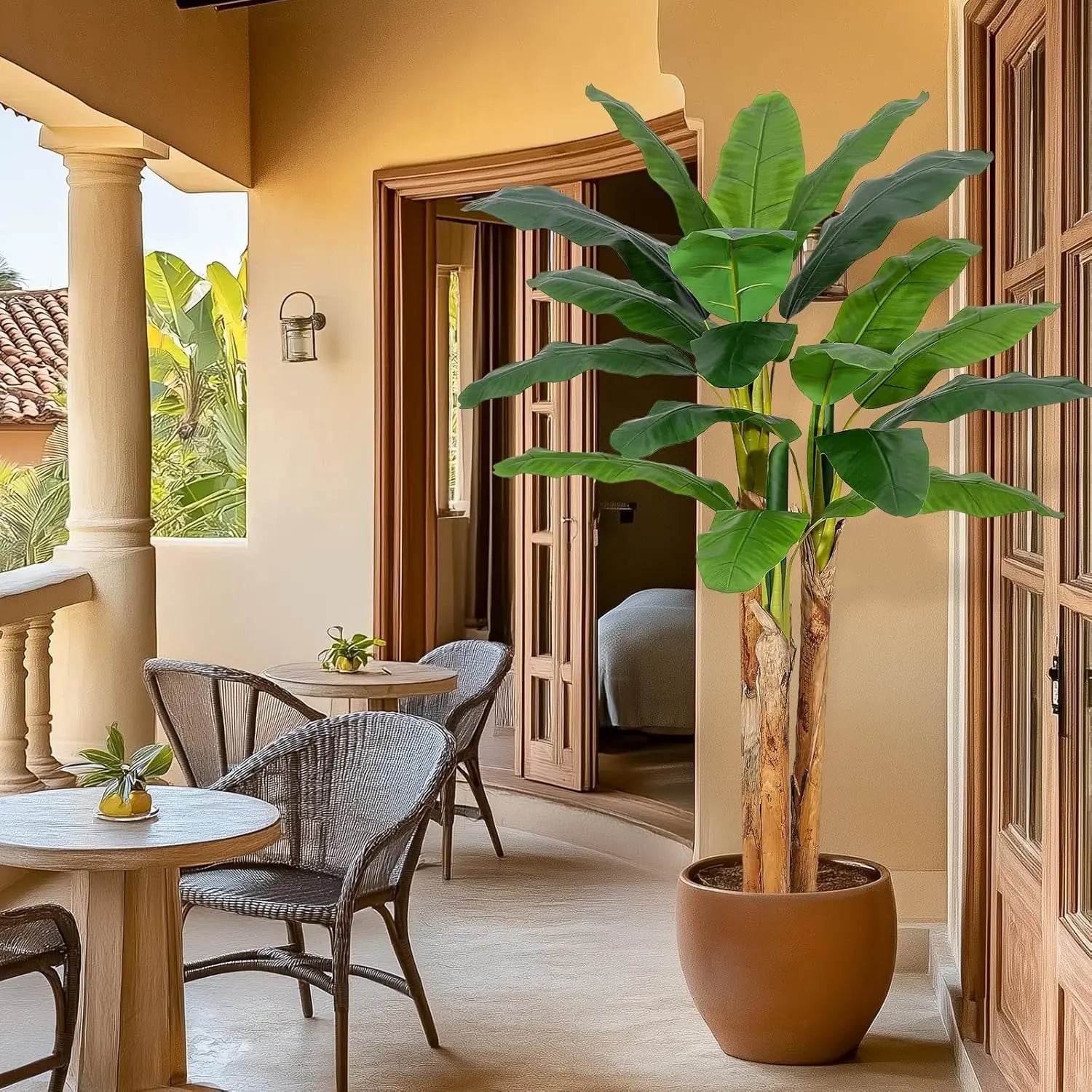 Artificial Banana Tree with Grey Planter, Artificial Plants with 11 Banana Leaves Plant for Home Office Decor