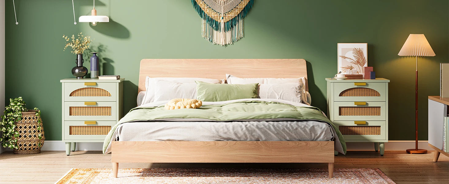 Mint Green Nightstand, 3-Drawer Rattan Night Stand Side Table, Accent Bedside Tables End Table for Bedroom and Small Spaces