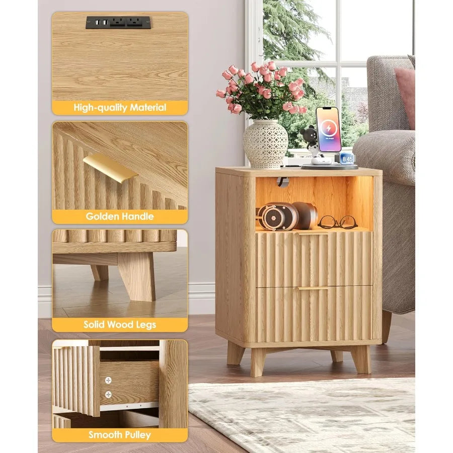 Fluted Nightstand with Charging Station 13.8" D x 15" W x 22.8" H Modern End Table with LED Light Wooden Bedside Table for Bedr