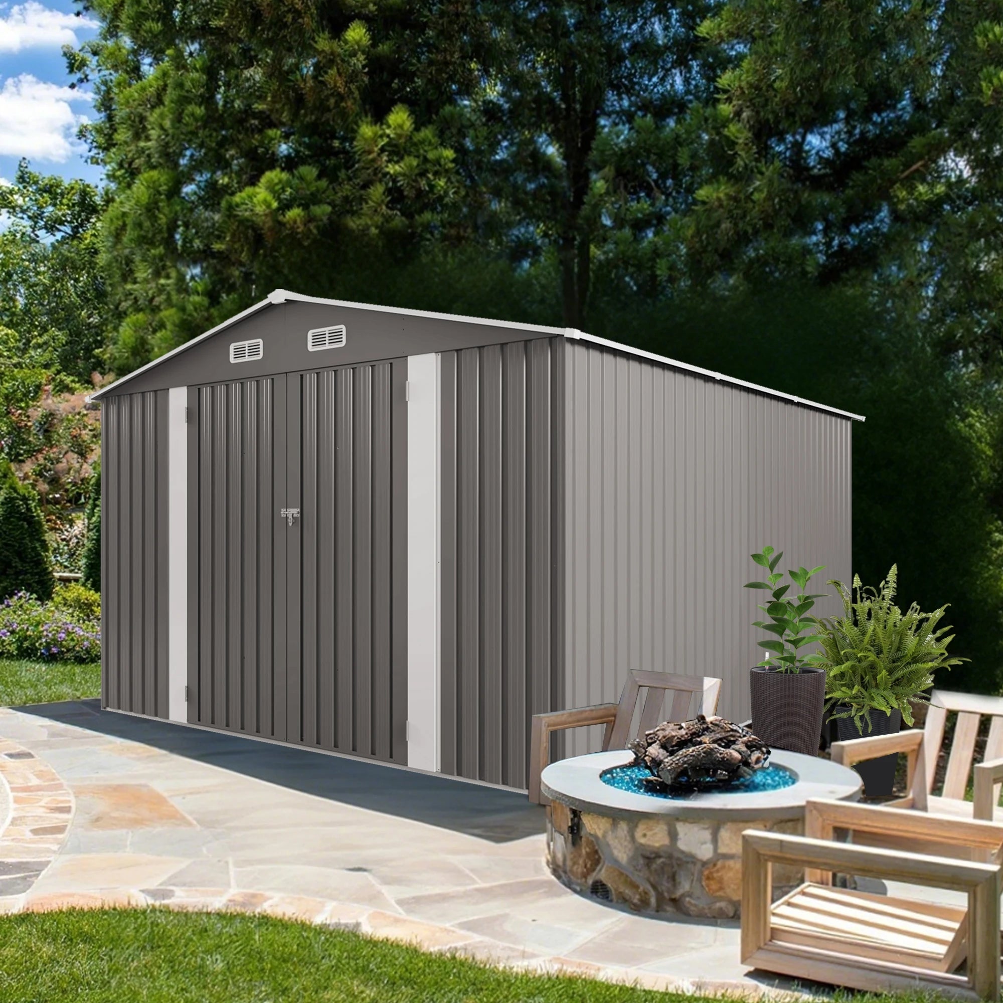SUSUA10x12FT Outdoor Storage Shed  Metal Garden Shed with Double Door Two Window Waterproof Tool Shed for Backyard Patio Lawn