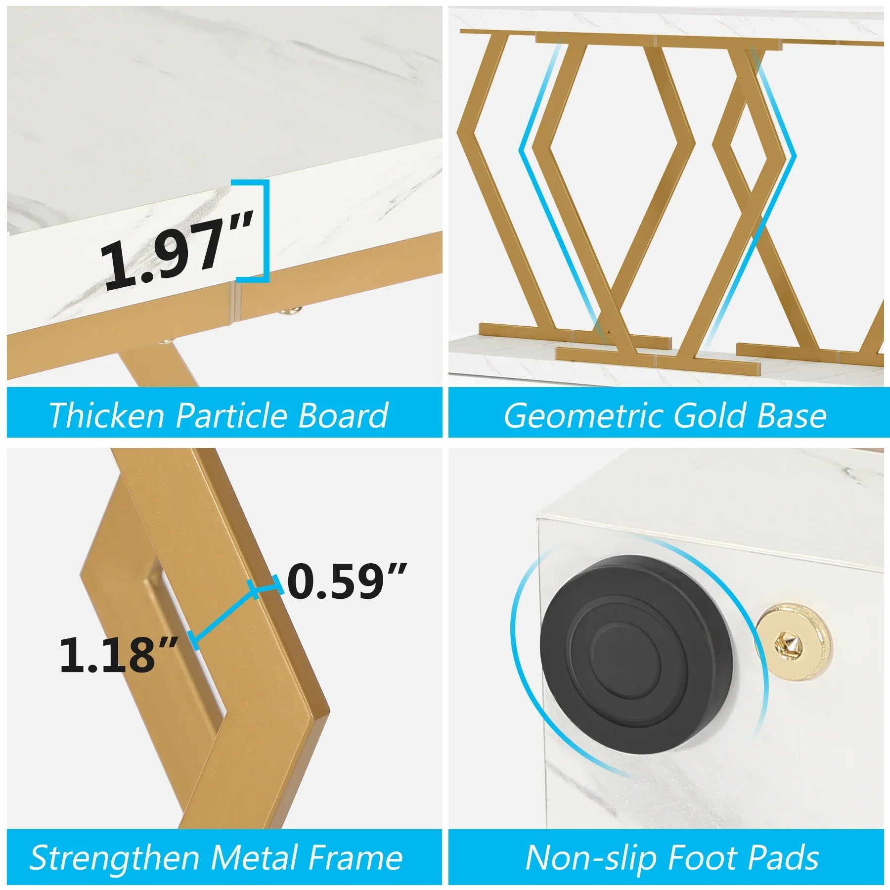 70.9 Inch Extra Long Sofa Table， White and Gold Console Table with Faux Marble Tabletop, Modern Long Entryway Table