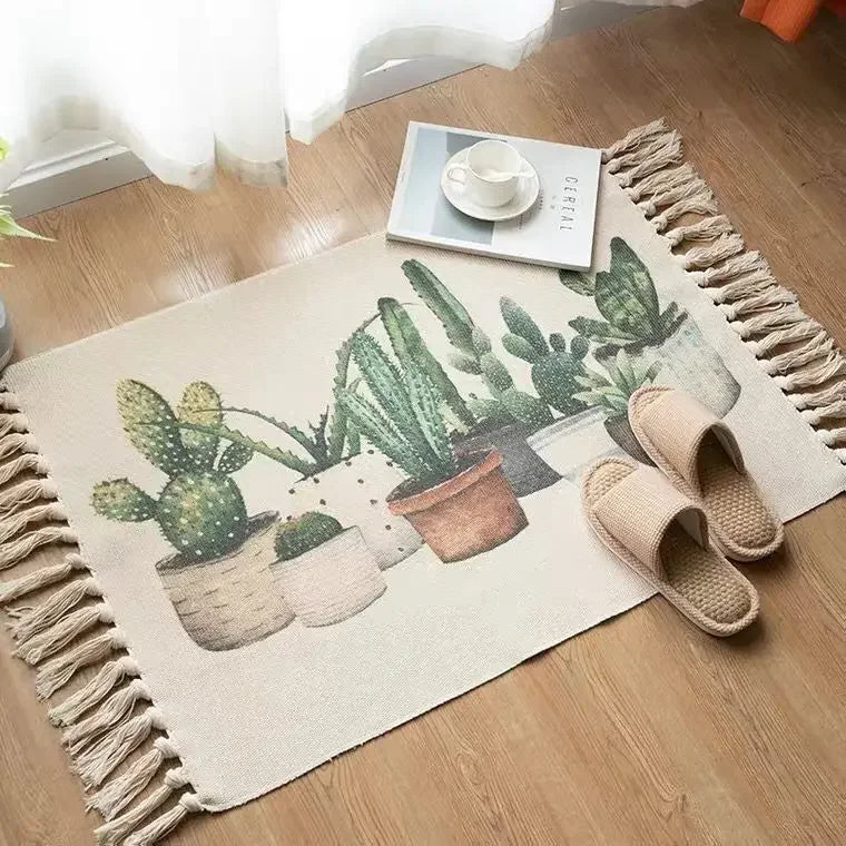 Nordic Cotton And Linen Knit Rug Ethnic Style Carpet Tassel Small Rug Bedroom Kitchen Rugs Mat Boho Washable Home Decoration