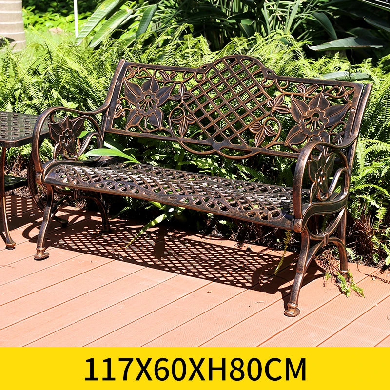 117CM Cast Aluminum Park Bench Chair ﻿All-weather Metal Outdoor Bench Patio Bench with Beautiful Carving Garden Bench