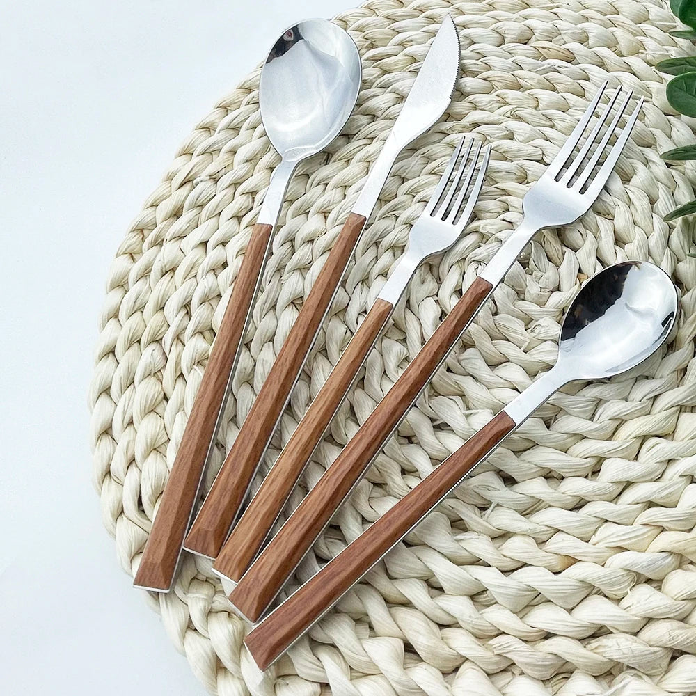 16Pcs Stainless Steel Cutlery Set Imitation Wooden Handle Western Tableware Brown Silver Knife Fork Spoon Kitchen Dinnerware Set