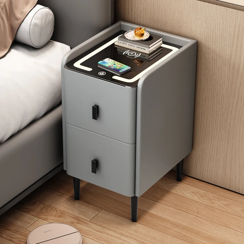Ultra Narrow Smart Nightstand Luxury Bedside Table Minimalist Solid Wood Storage Cabinet Compact Bedroom Organizer with Charging