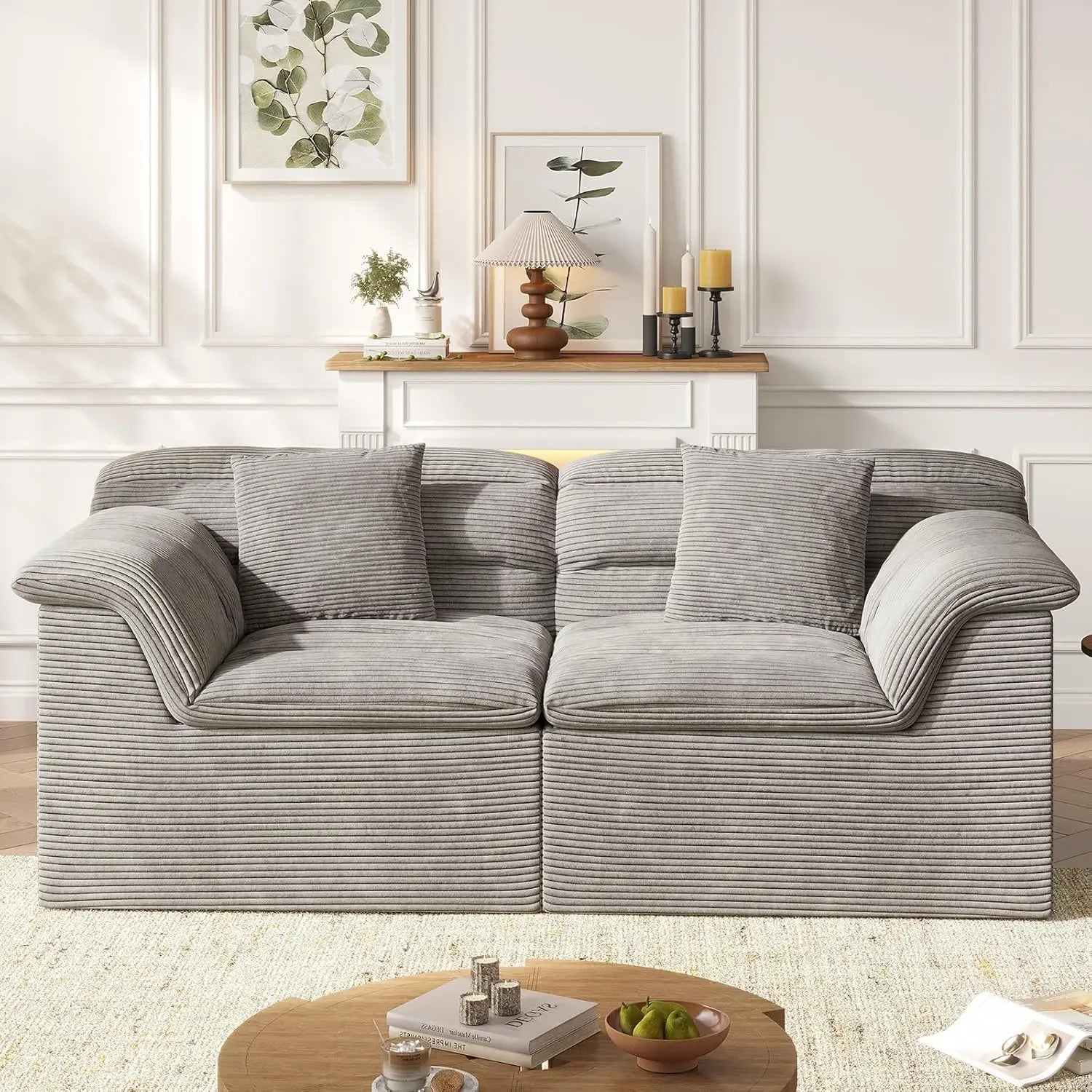 88" Cloud Sectional Couch, Modern Modular Sofa with Deep Seat, Comfy Compressed Loveseat, Corduroy Couches for Living Room