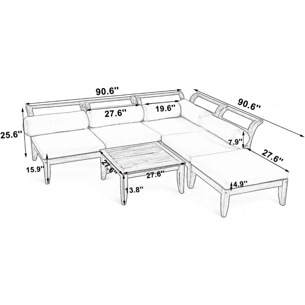 Outdoor Patio L-Shaped Sectional Sofa Set with Acacia Wood and Coffee Table for Conversation Seating