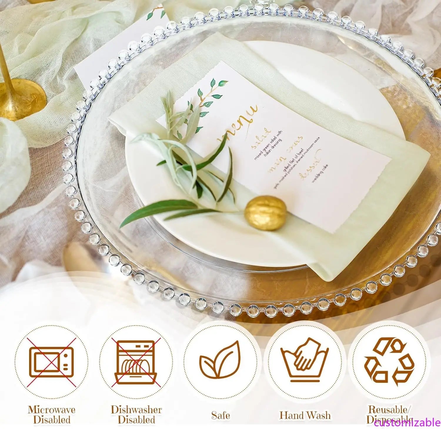 50PCS Clear Beaded Charger Plates – 13″ Acrylic Round Decorative Chargers