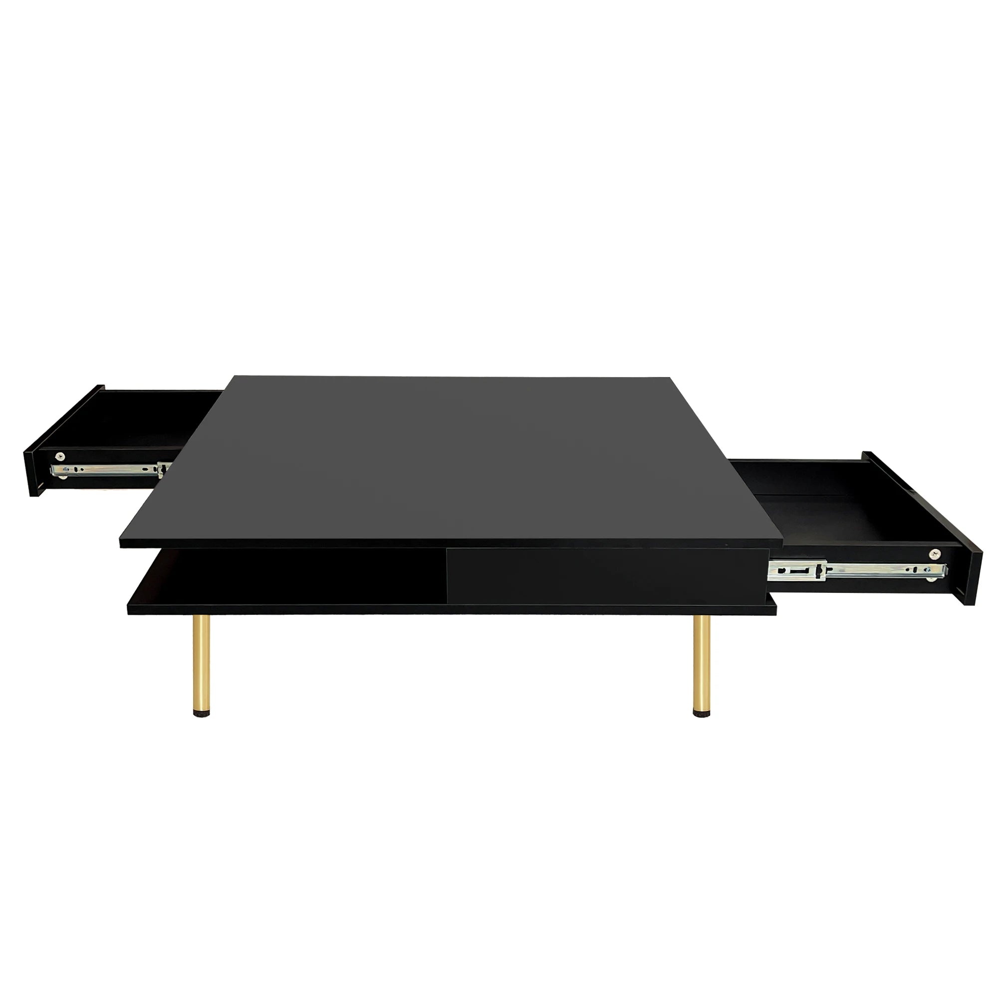 Exquisite High-Gloss Coffee Table – Square 2-Tier Center Table with Gold Legs & Dual Drawers (Black)