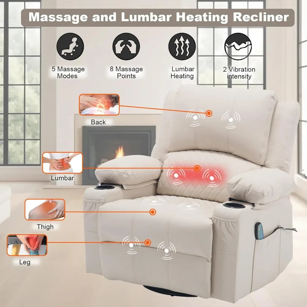 Leather Massage Recliner Chair with Heat Cup Holders for Adults, Thickly Padded Overstuffed Rocking Glider Chair, Swivel Rocker