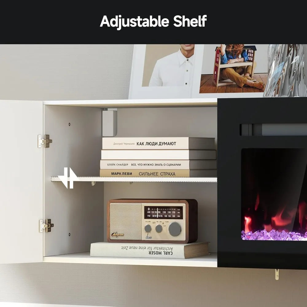 80" Floating TV Stand with 40" Electric Fireplace & LED Lights, Wall Mounted High Gloss Finish Entertainment Center with Storage