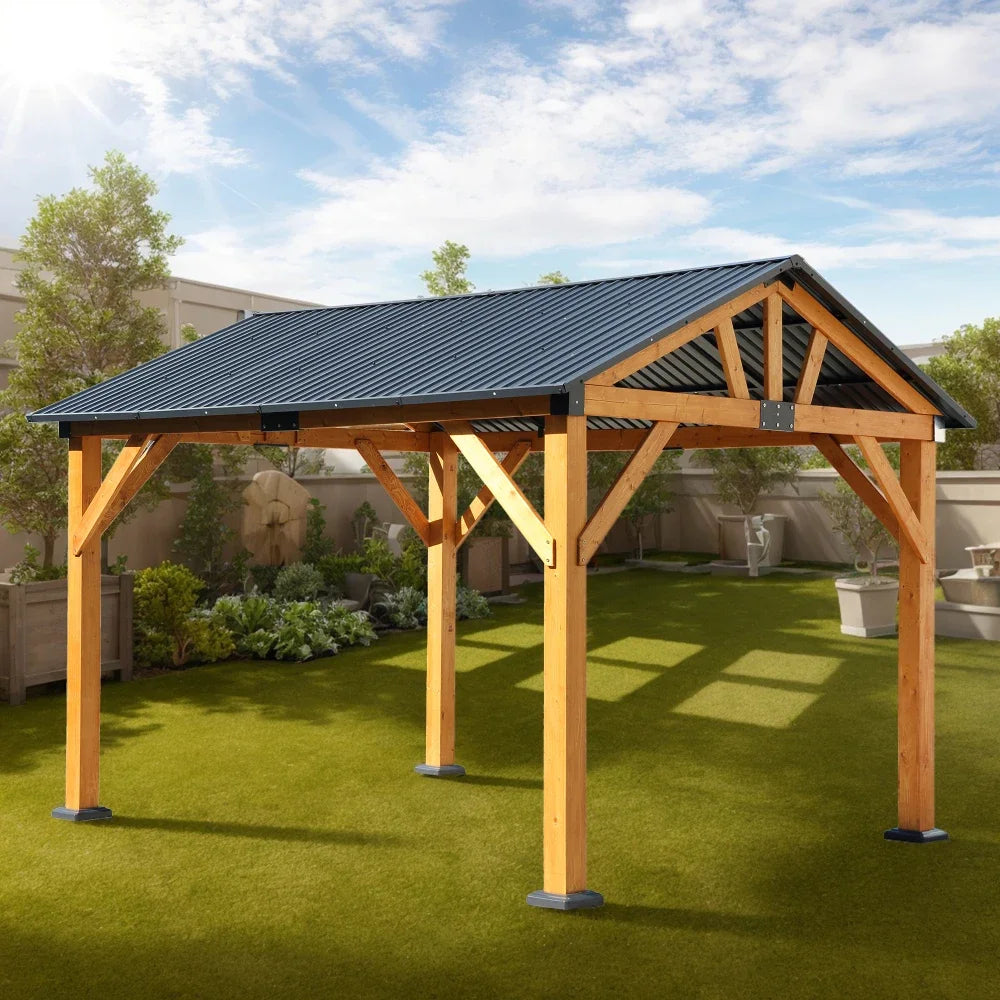 Fir Wood Carport Pavilion Gazebo, Shade, Rain, Hard Top Steel Metal Roof, All Weather Protected, with Galvanized Steel Roof