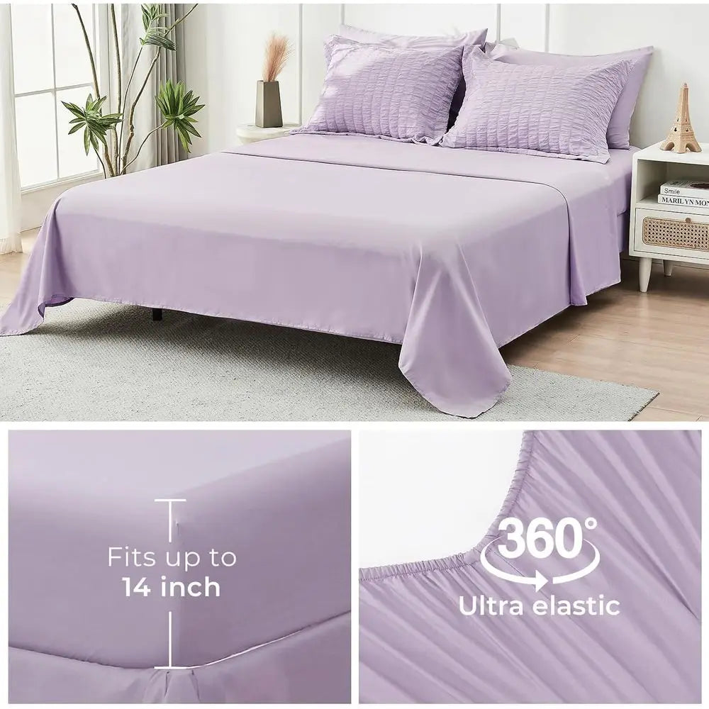 7-Piece King Lavender Seersucker Comforter Set: All-Season Luxury Bedding with Sheets, Pillowcases & Shams