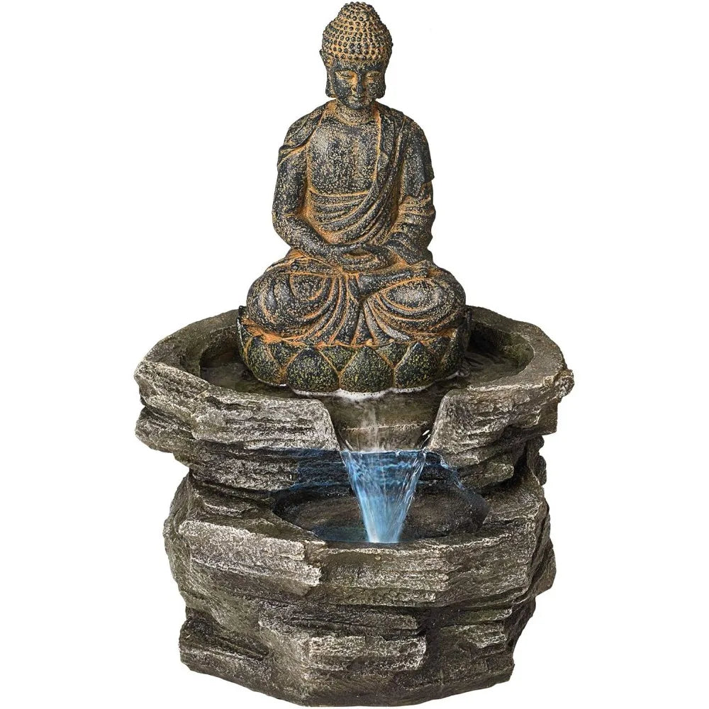 Large 21-Inch Zen Asian Style Indoor Outdoor Buddha Statue with Faux Stone Floor Fountain, LED Lighted Waterfall Feature
