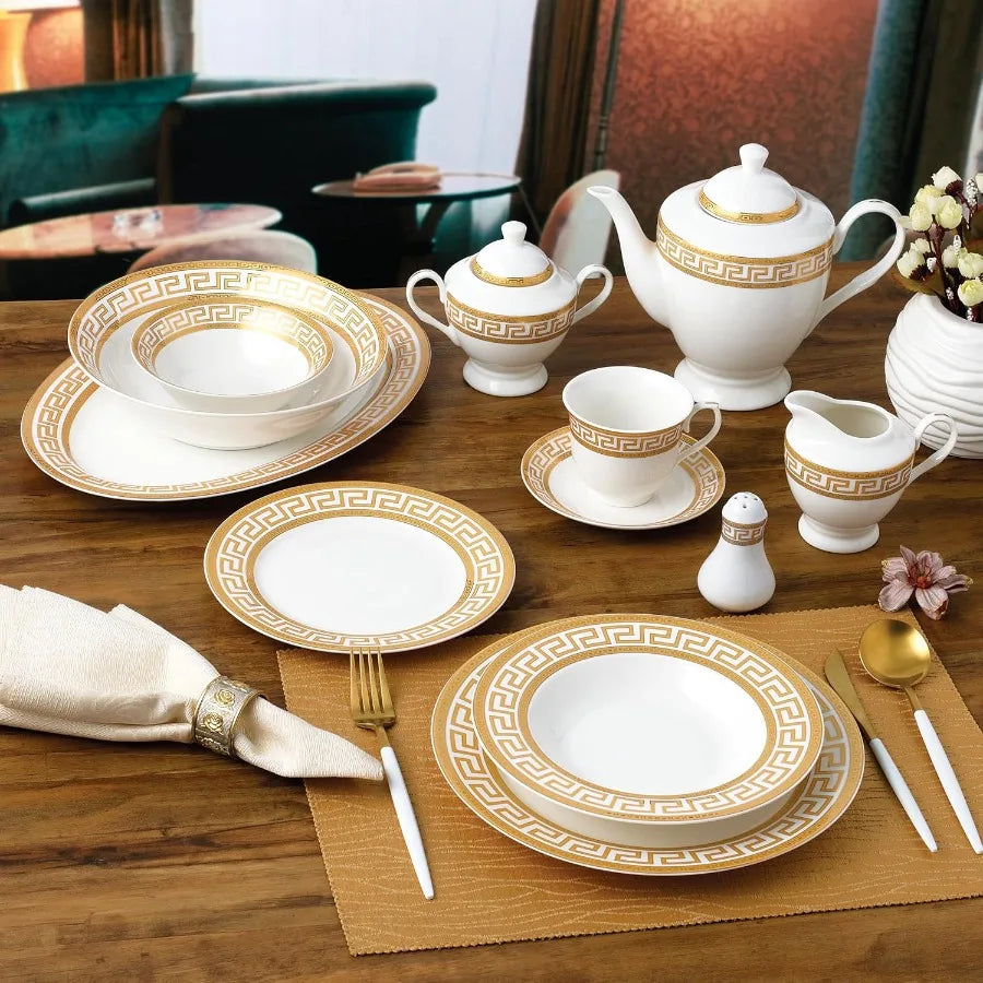 57Piece Bone China Dinnerware Set Service for 8 White and Golden Greek Key