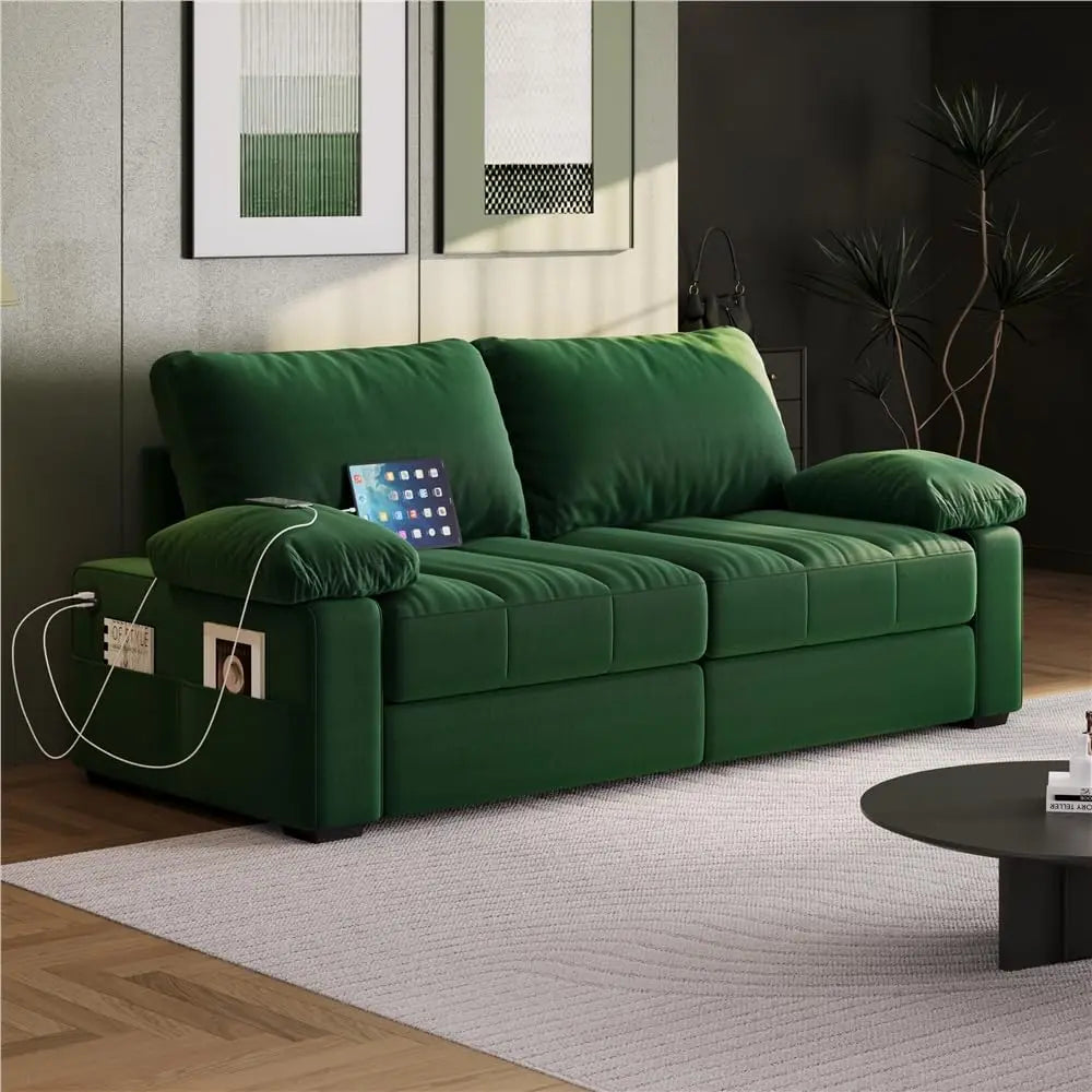 79" Velvet Couch, Comfy Sofa with Pocket Coils, Deep Seat, Storage Pockets and USB Ports, 2 Seater Modern Loveseat Sofas