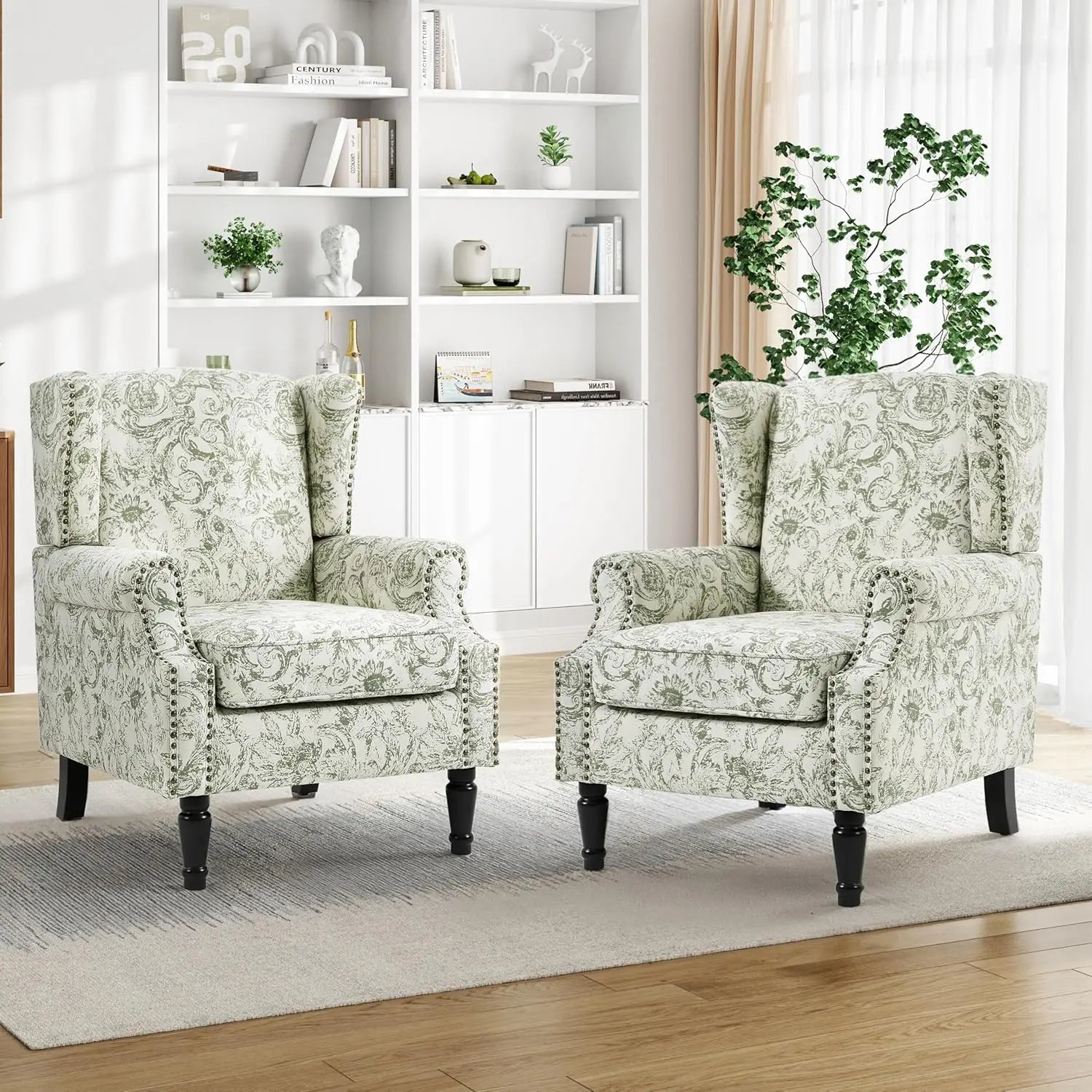 Floral Accent Chairs – Set of 2 High-Back Retro Wingback Armchairs