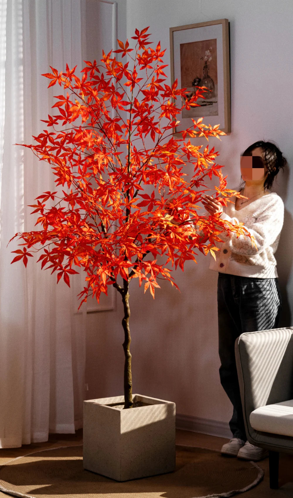 Artificial Maple Tree Red Maple Fake Tree Large Indoor Potted Plant Home Living Room Window Display Decoration Floor Greenery