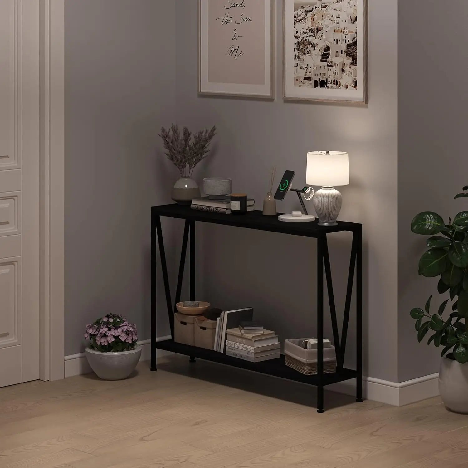 Black Narrow Console Table 2-Tier Sofa Table with Shelf for Entryway Hallway Foyer Living Room Corridor 42.9in