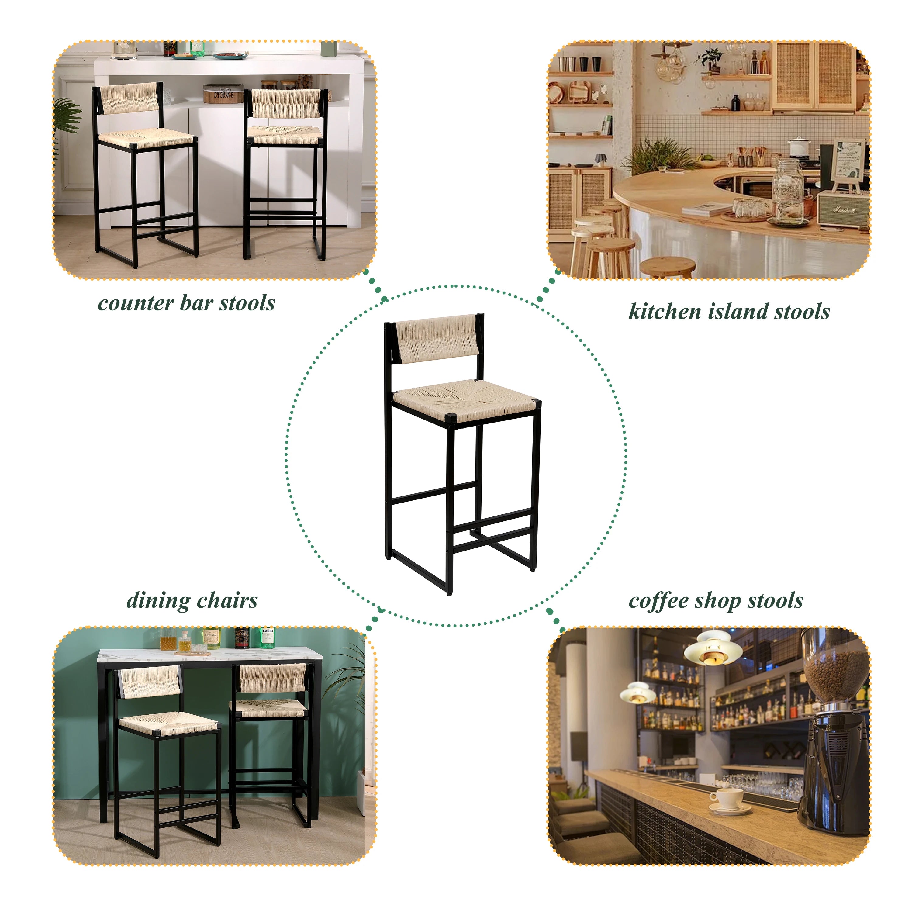 2pcs High Bar Stools Chairs Paper Rope Woven Barstools 220lbs Max Weighing Capacity for Kitchen Dining Room Coffee Shop