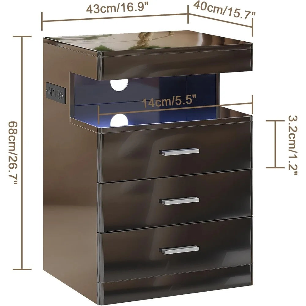 Contemporary LED Nightstand with Secret Compartment, Sleek Charging Station Night Stand, 3-Drawer Intelligent Nightstand with Gl