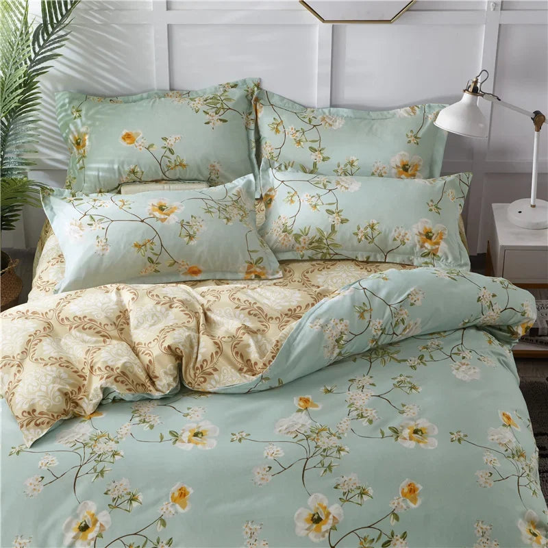 White Green Botanical Floral Duvet Cover Set Queen Reversible Gold Paisley Pattern Bedding Set Soft Microfiber Comforter Cover