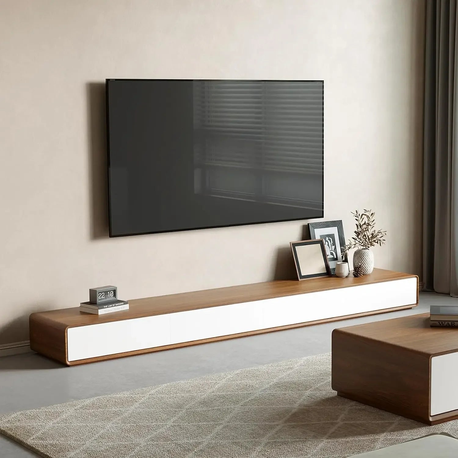 Modern TV Stand 94.5 Inch Walnut Veneer Solid Wood with 4 Drawers for 75-90 Inch TVs Fully Assembled Living Room Entertainment C