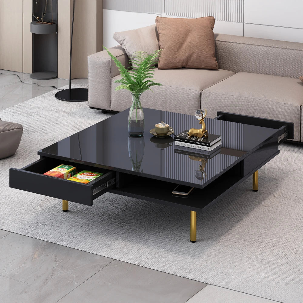 Exquisite High-Gloss Coffee Table – Square 2-Tier Center Table with Gold Legs & Dual Drawers (Black)