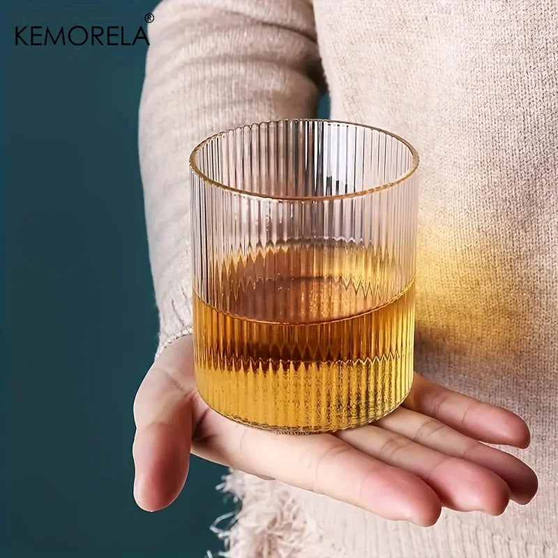 KEMORELA 4/6pcs Vintage Ribbed Cup Set 300ML Vertical Stripe Pattern High Borosilicate Glass Coffee Juice Cup For Dining Room