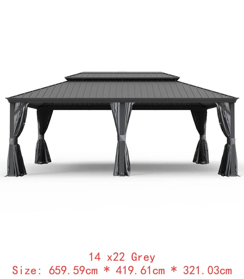 14x22 Hardtop Gazebo, Upgraded Metal Canopy with Drainage System, Dual-Layer Galvanized Steel Roof, Includes Curtains &