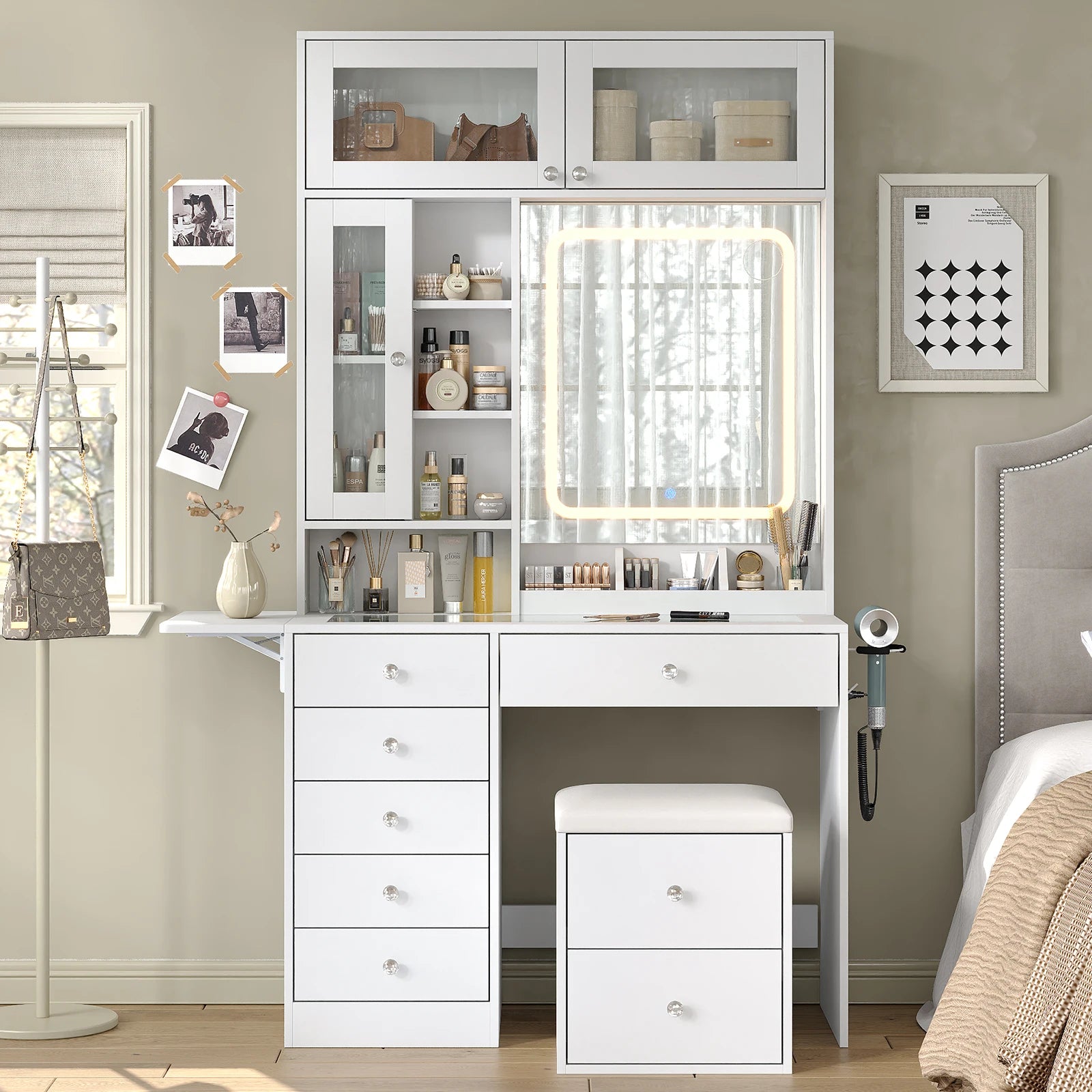 Vanity Desk with Mirror, Lights, Drawers, Stool, White