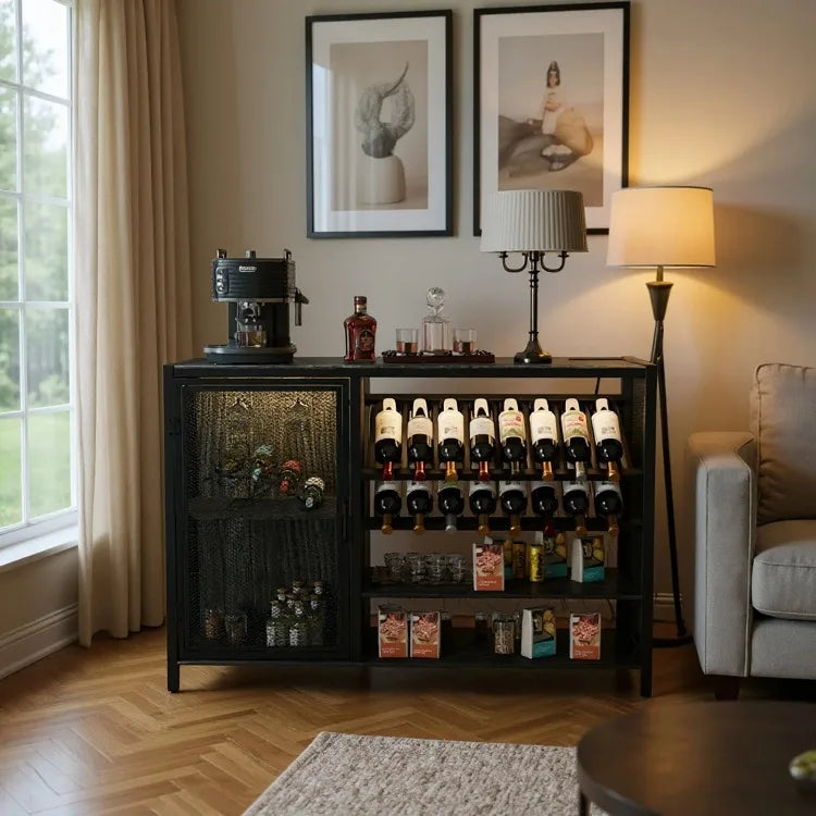 Wooden Wine Cabinet – Beverage Bar Cabinet with Mesh Storage