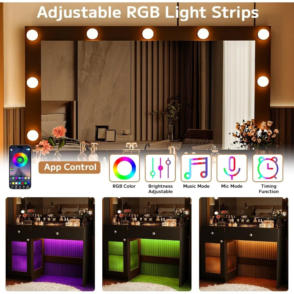 Black Vanity Desk with Mirror and Lights, 39.4'' Glass Top Makeup Vanity with RGB Cabinet Drawers Power Outlet 3 Color Light Mod