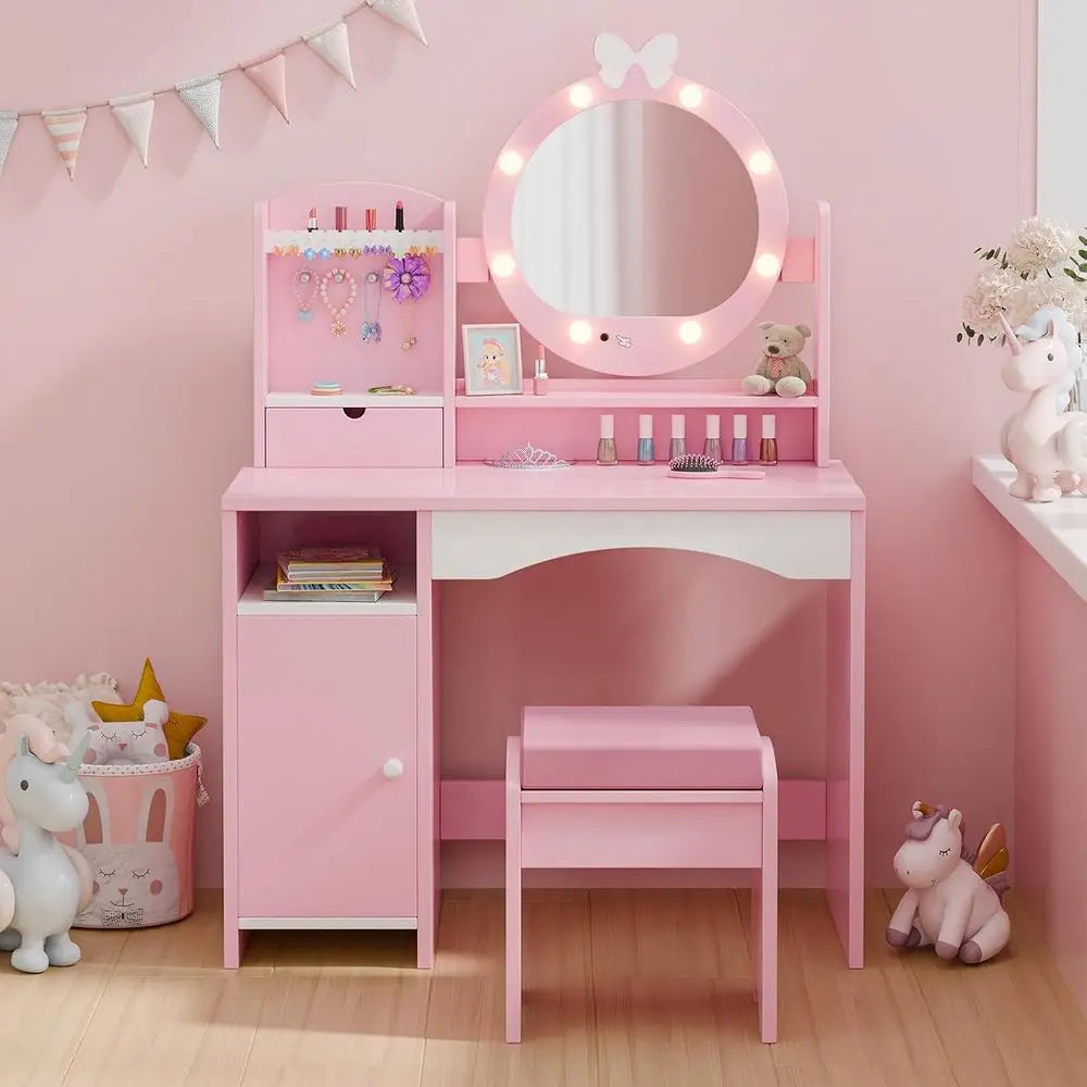 Princess Vanity Set for Kids with Mirror, Lights, Storage, and Cushioned Seat in Pink